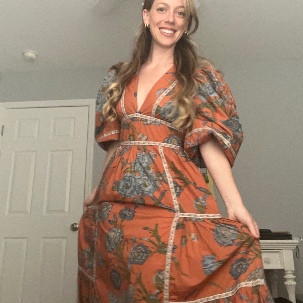 Anthropologie Love the Label Puff-Sleeved Tiered Midi Dress